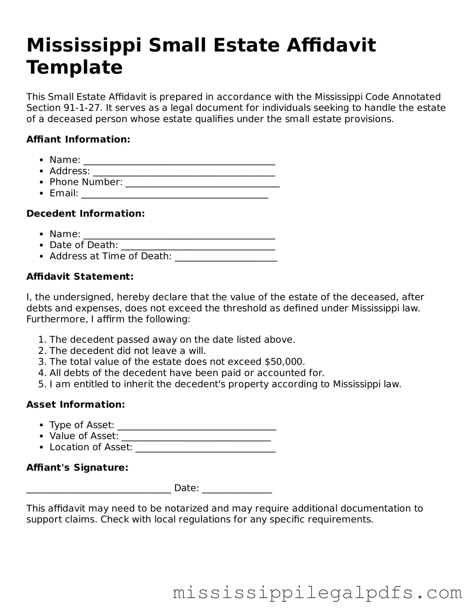 Official Small Estate Affidavit Template for Mississippi State
