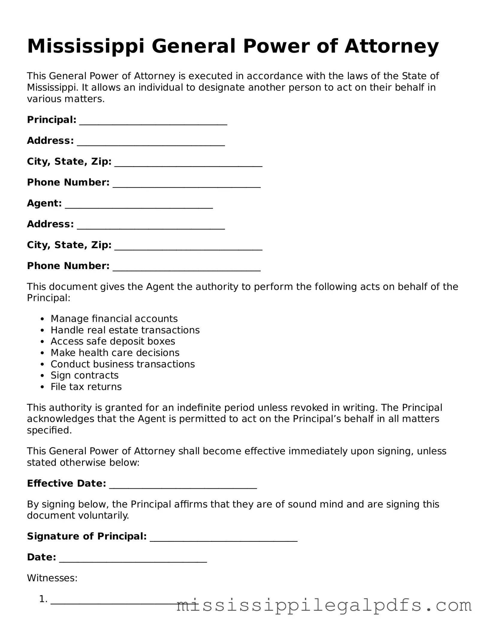 Official General Power of Attorney Template for Mississippi State