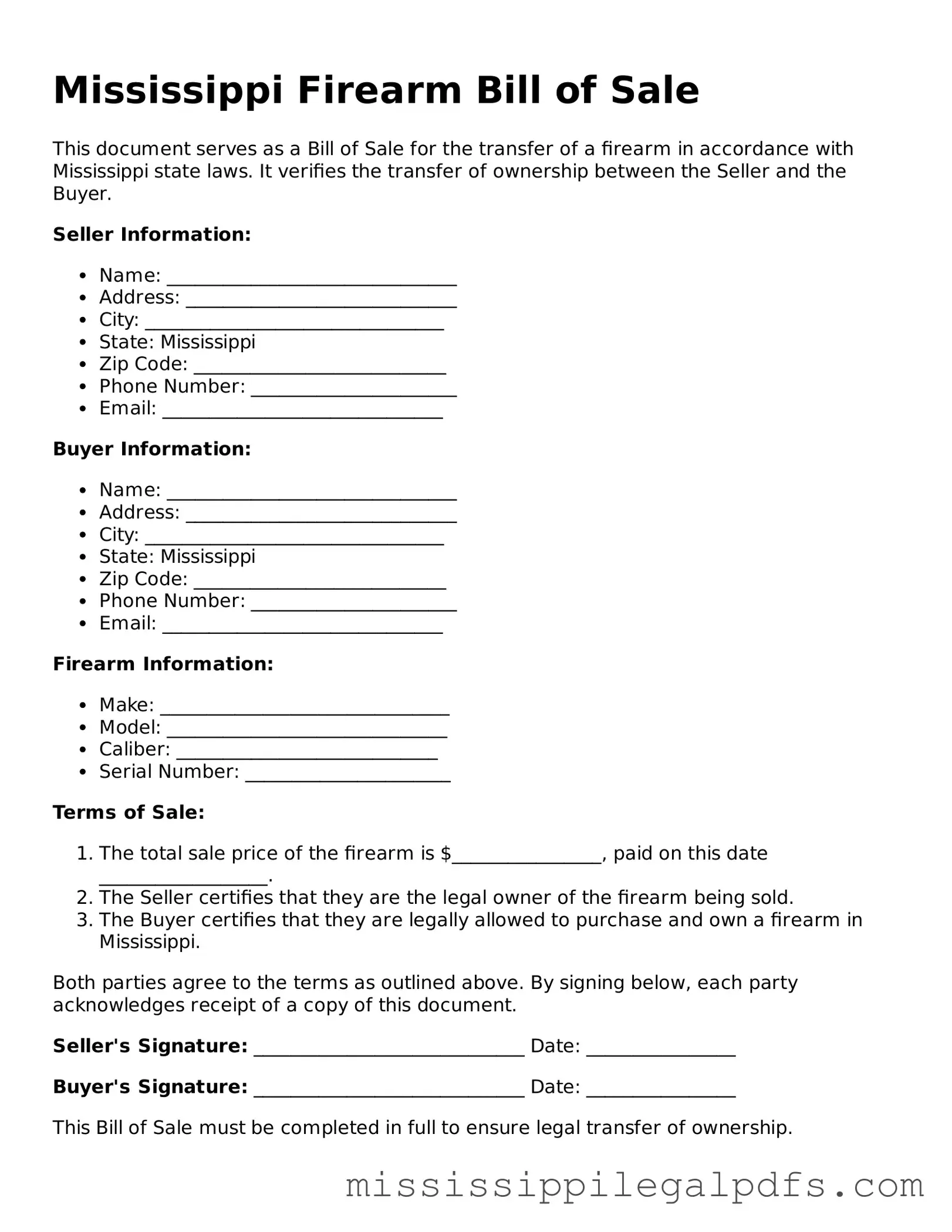 Official Firearm Bill of Sale Template for Mississippi State