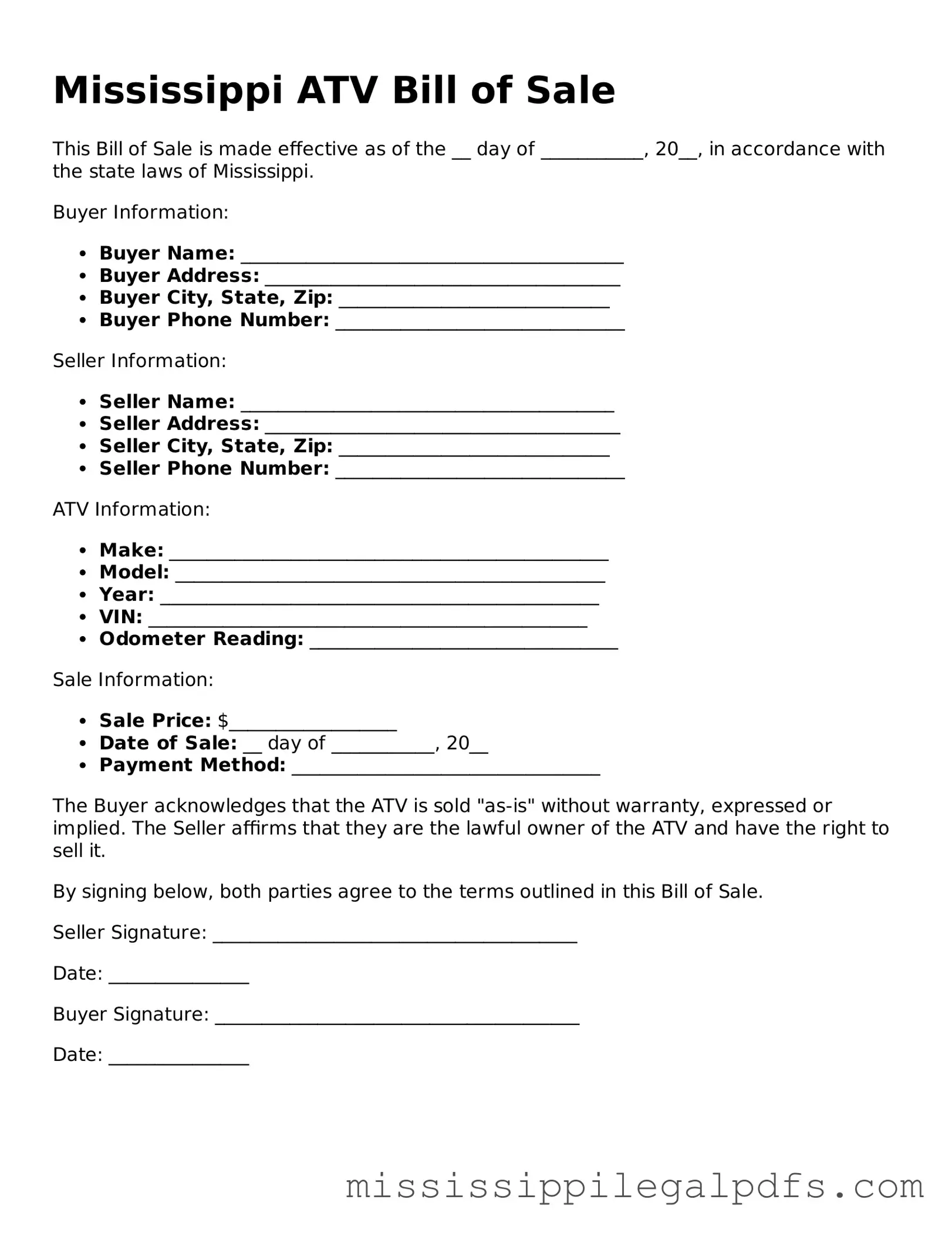 Official ATV Bill of Sale Template for Mississippi State