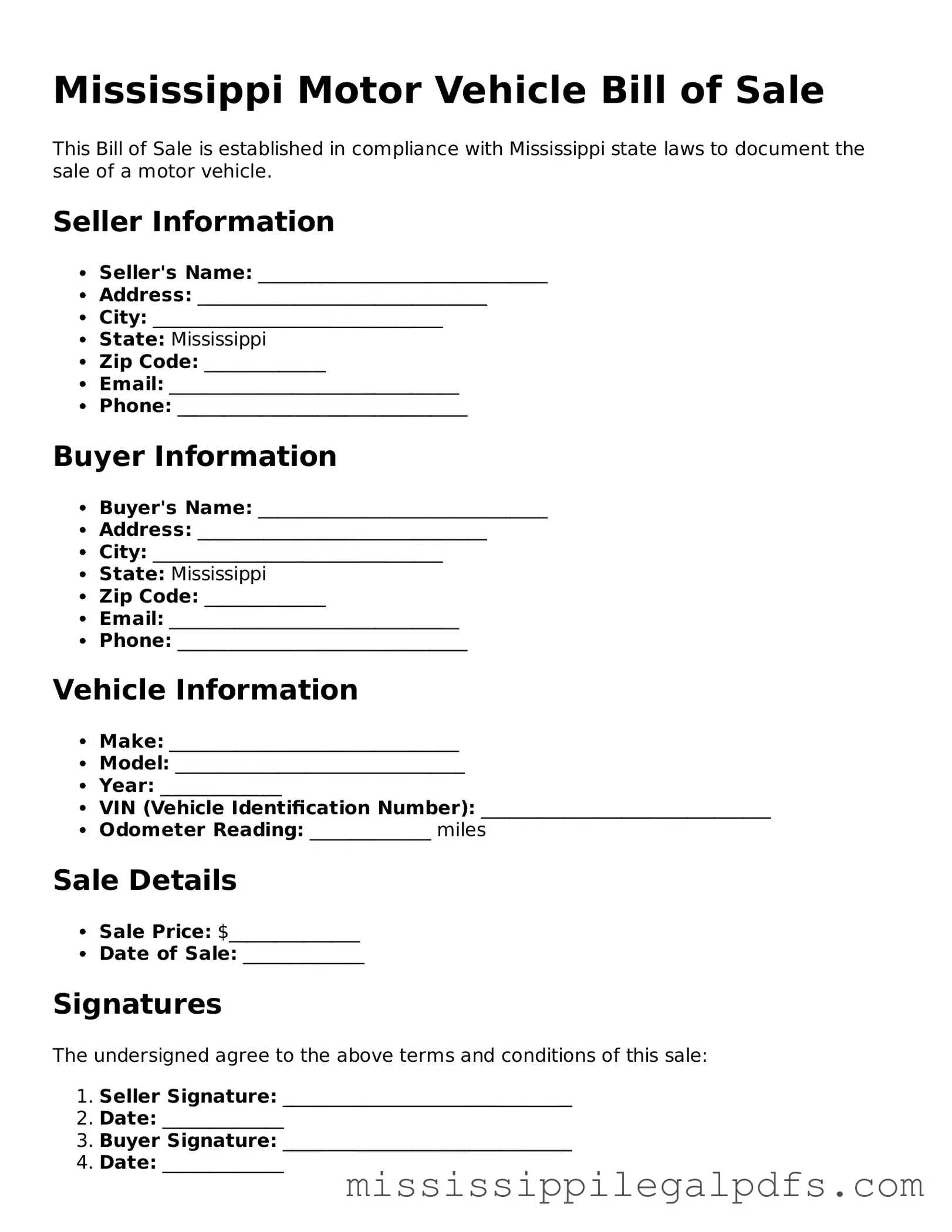 Official Motor Vehicle Bill of Sale Template for Mississippi State
