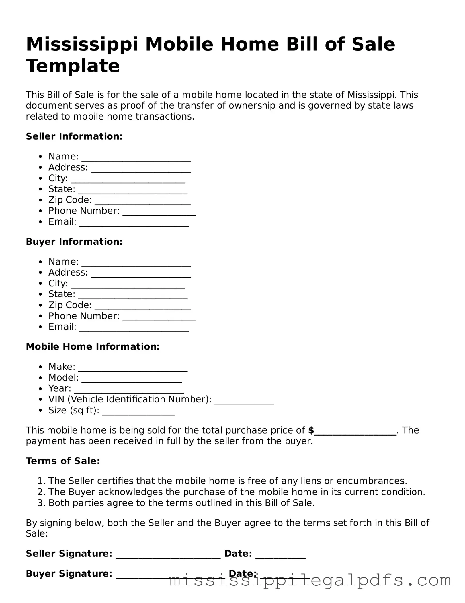 Official Mobile Home Bill of Sale Template for Mississippi State