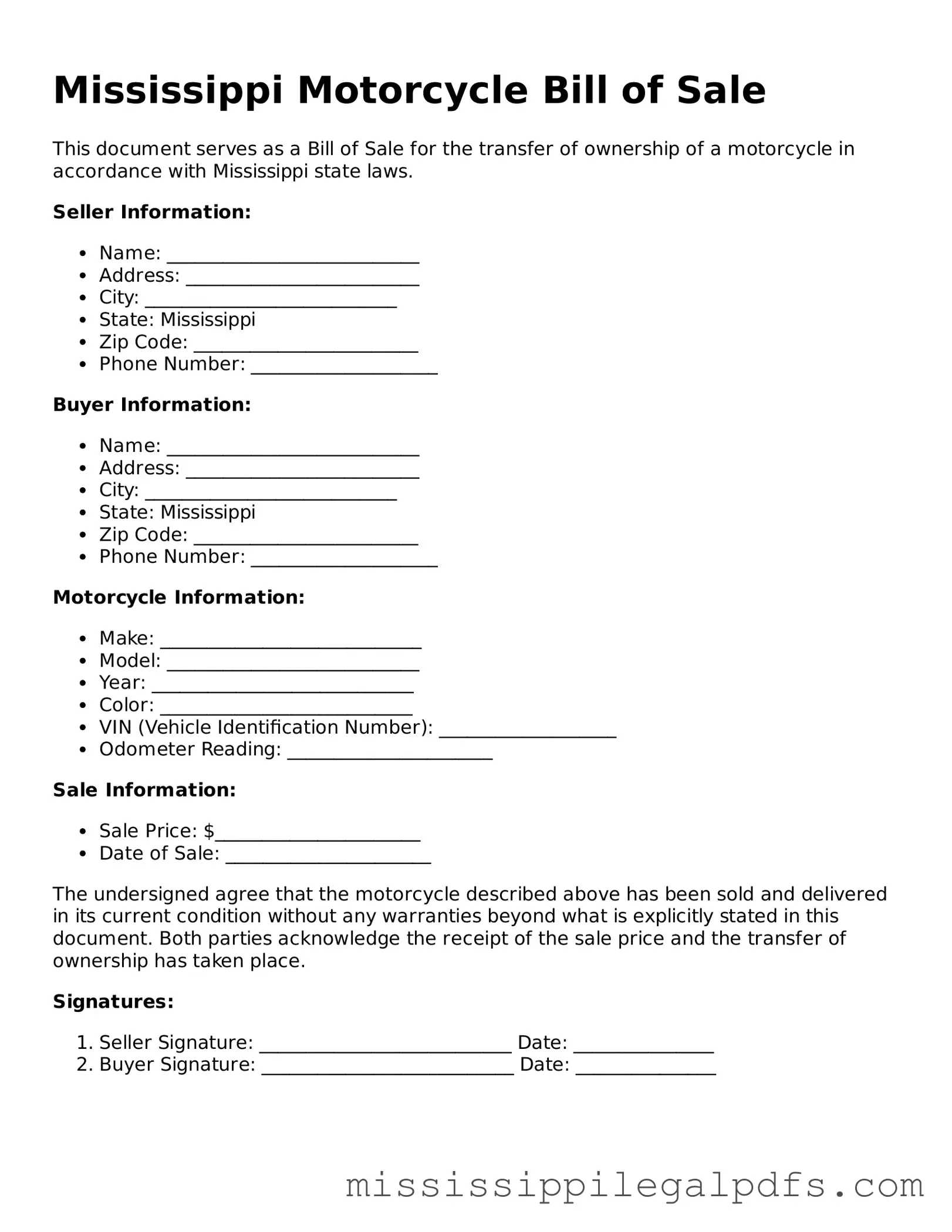 Official Motorcycle Bill of Sale Template for Mississippi State