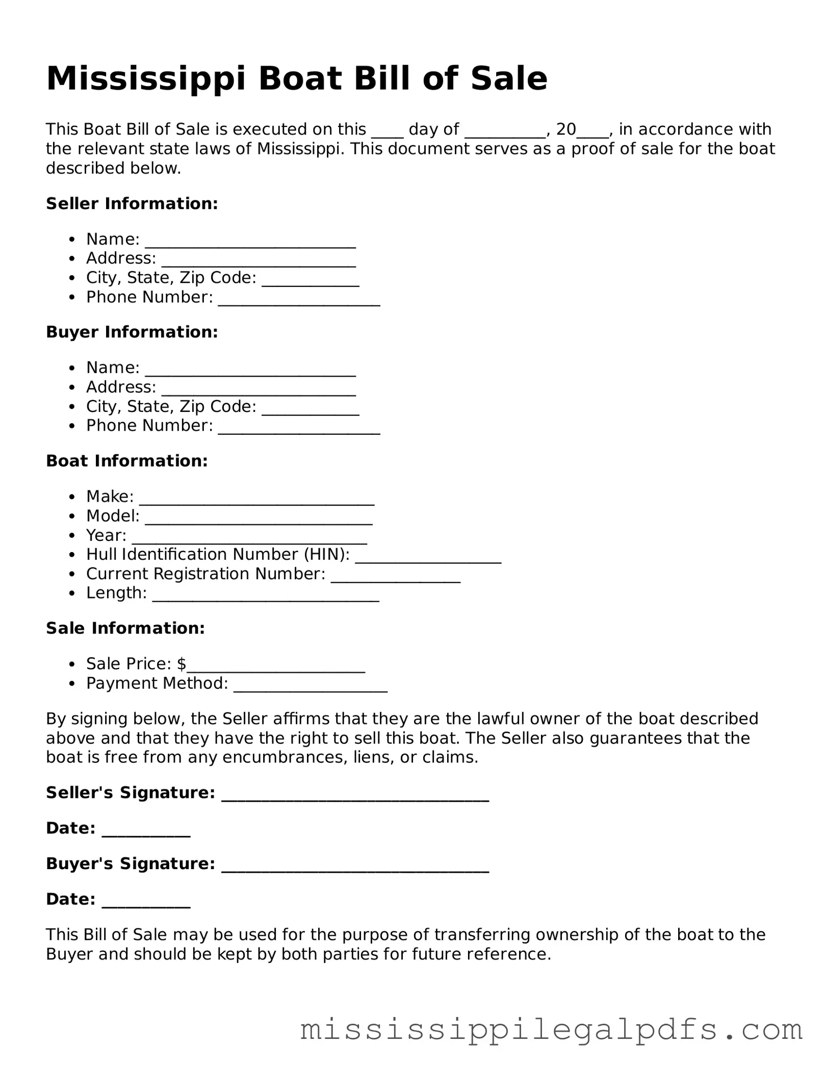 Official Boat Bill of Sale Template for Mississippi State