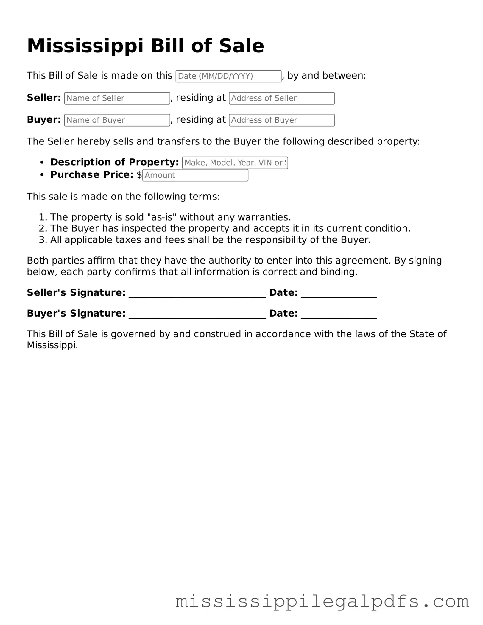 Official Bill of Sale Template for Mississippi State