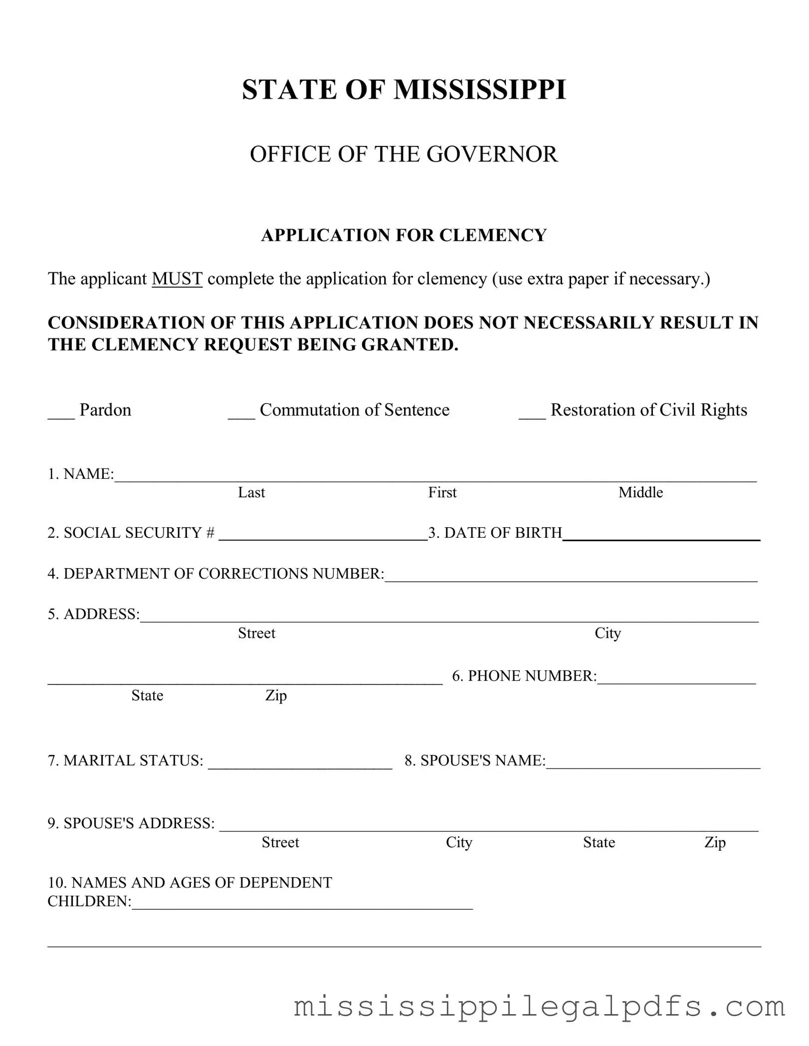 Blank Mississippi Clemency Form