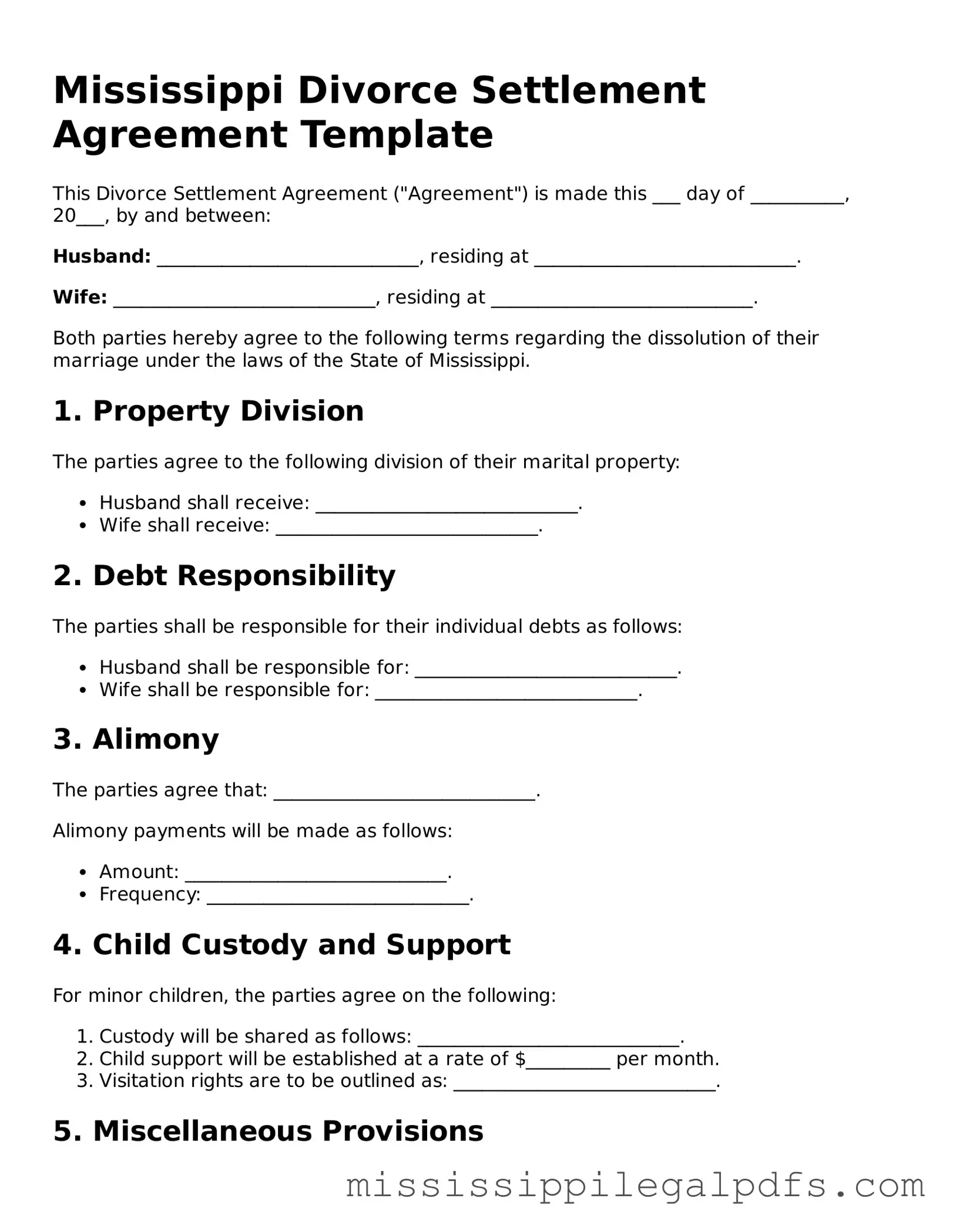 Official Divorce Settlement Agreement Template for Mississippi State