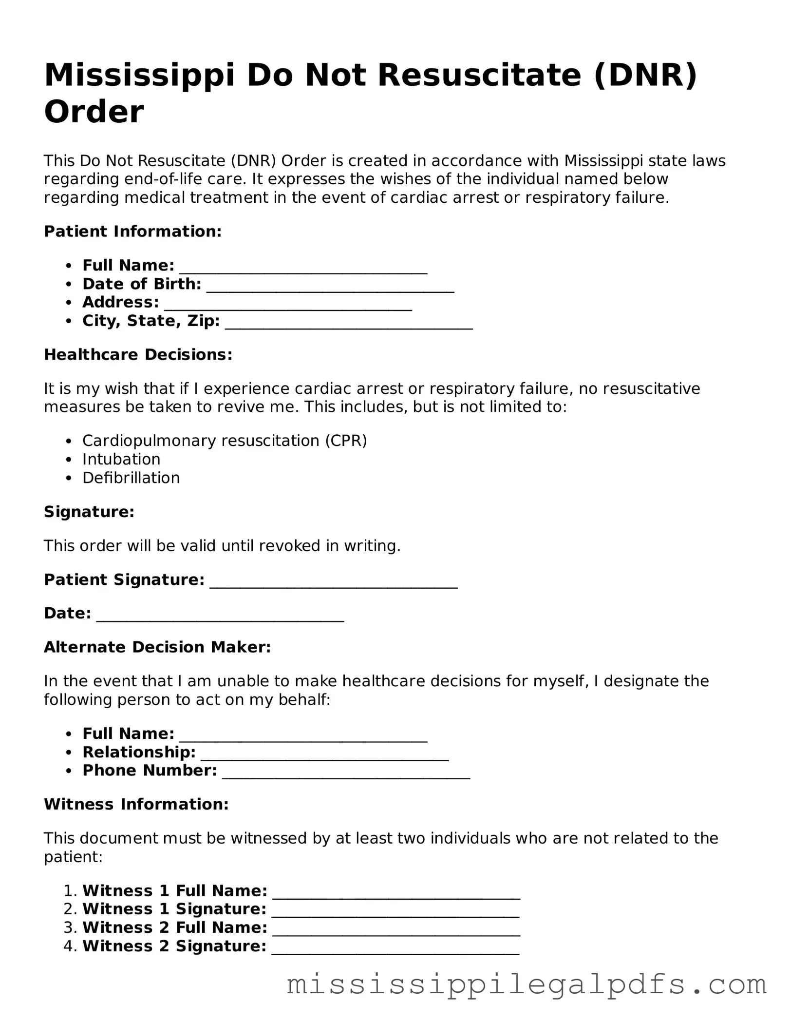 Official Do Not Resuscitate Order Template for Mississippi State