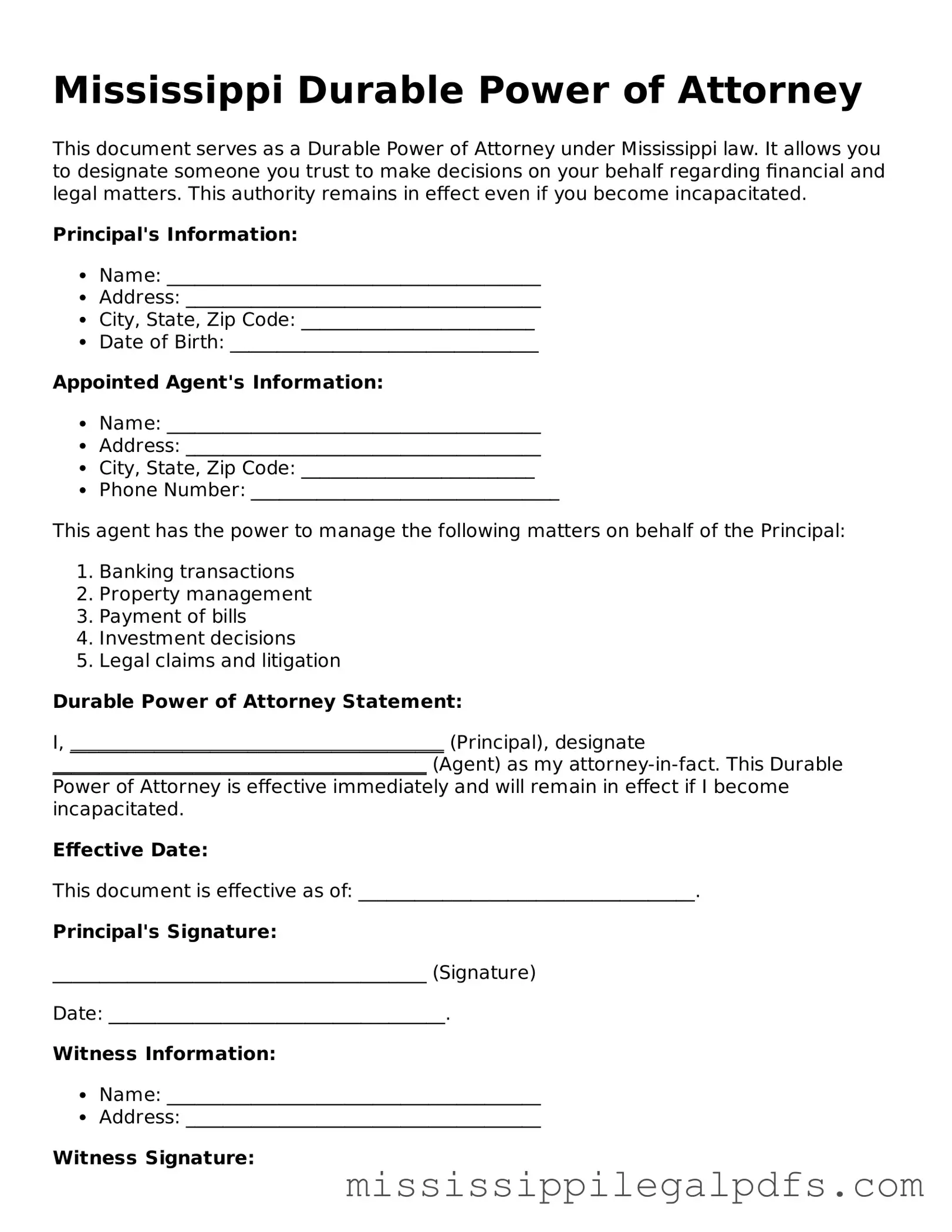Official Durable Power of Attorney Template for Mississippi State