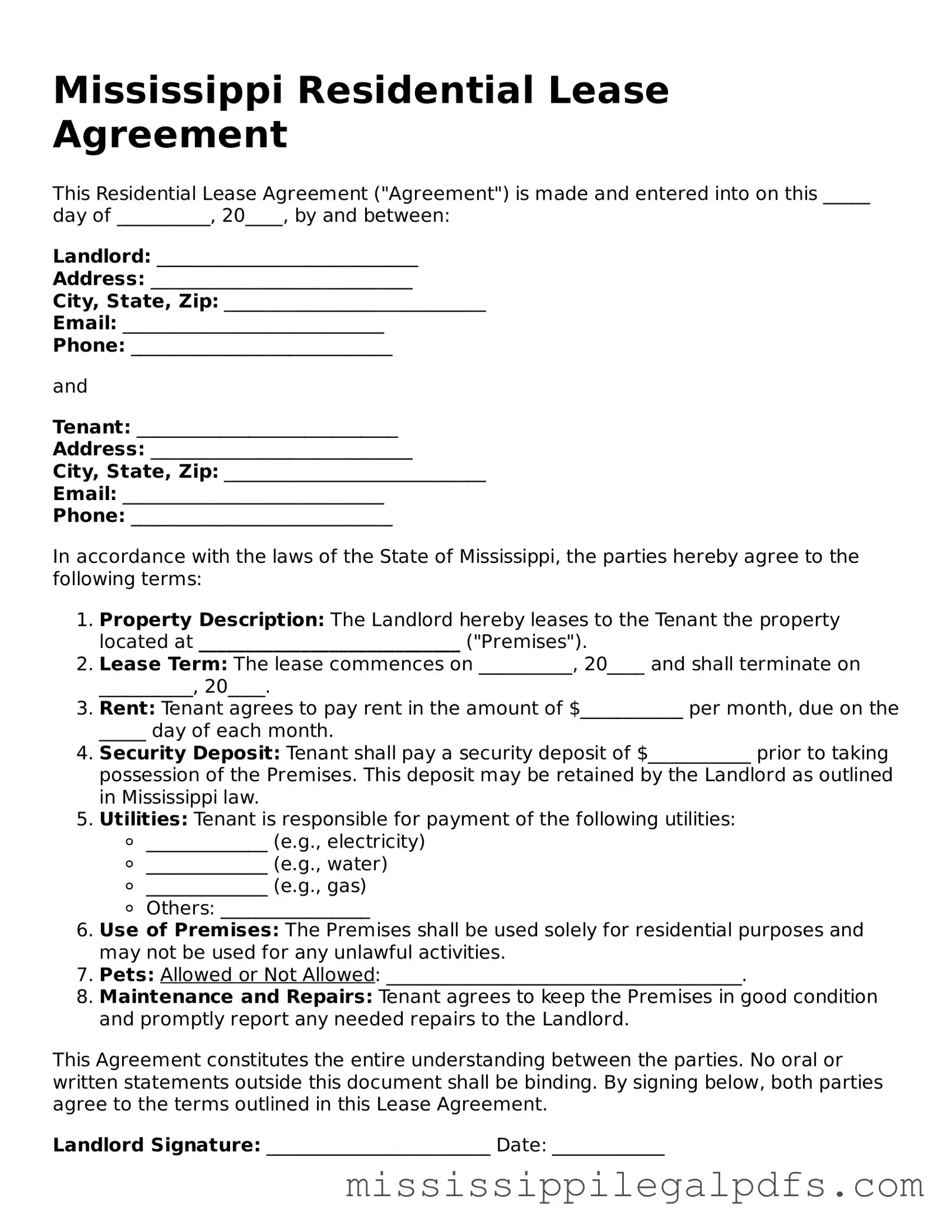 Official Residential Lease Agreement Template for Mississippi State