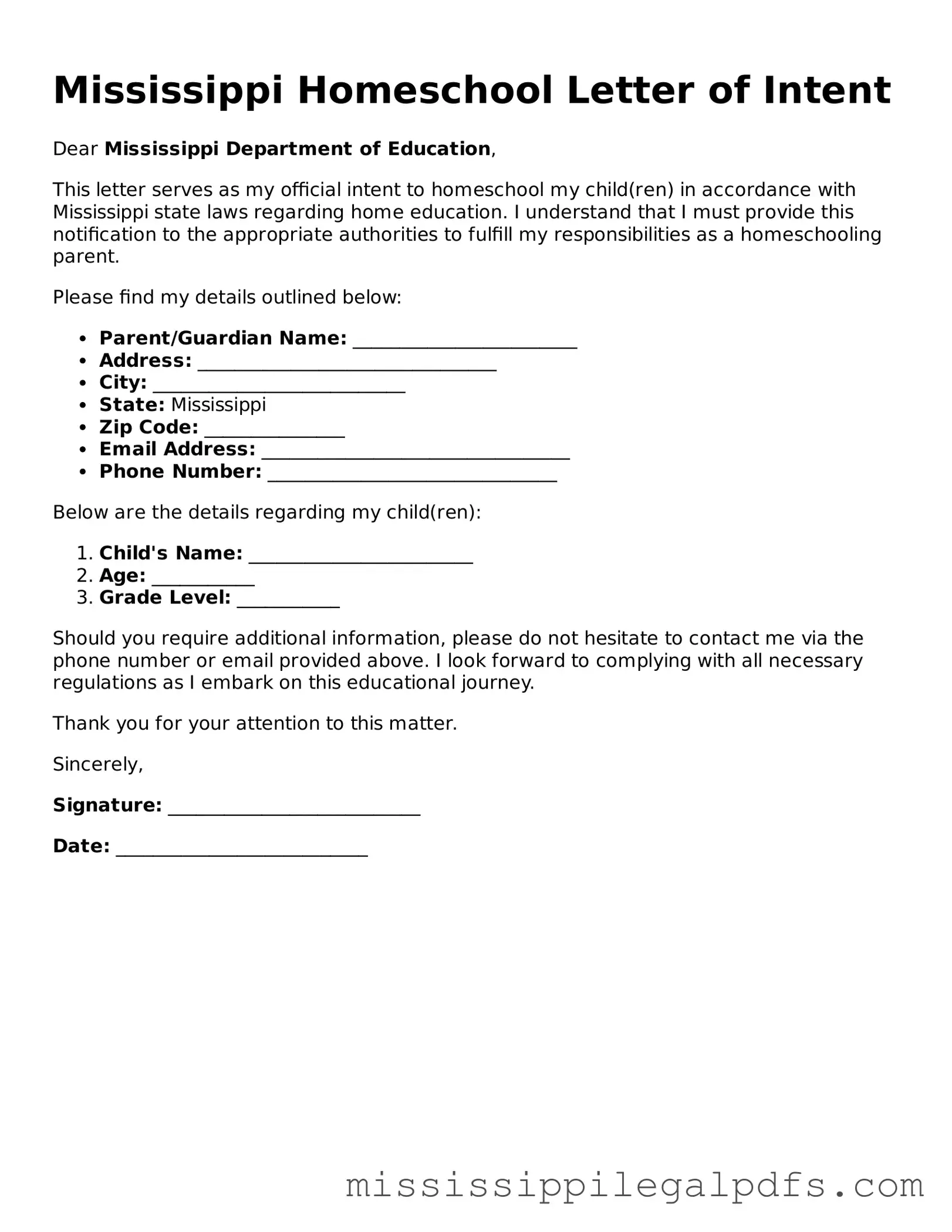Official Homeschool Letter of Intent Template for Mississippi State