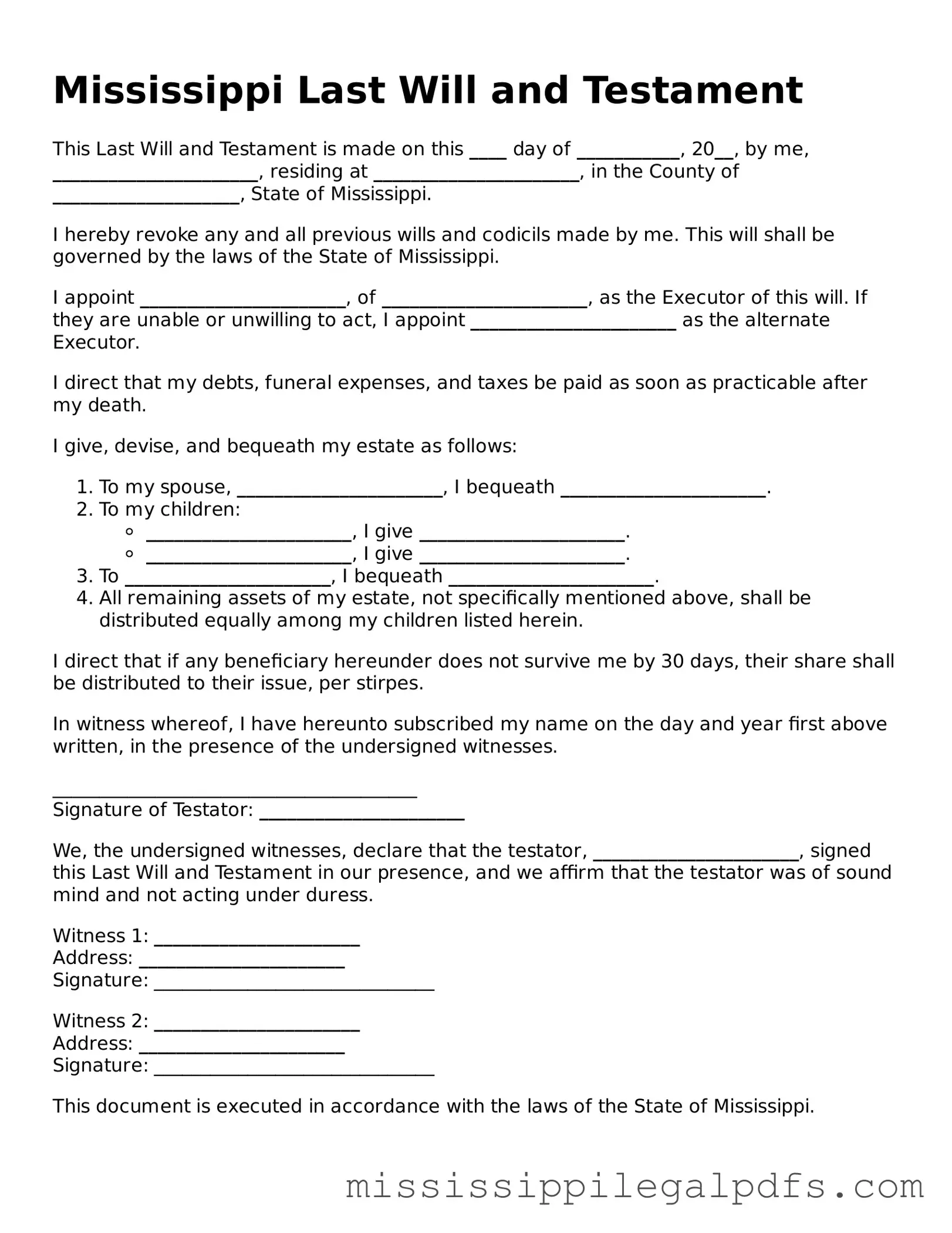 Official Last Will and Testament Template for Mississippi State