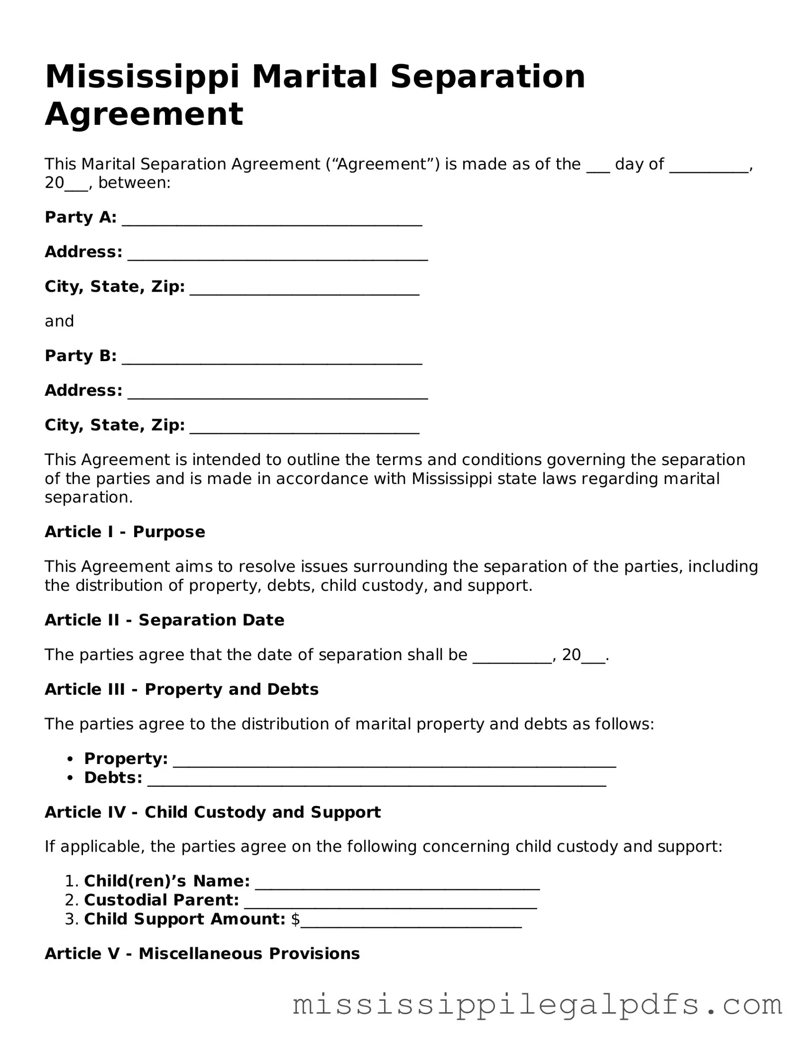 Official Marital Separation Agreement Template for Mississippi State