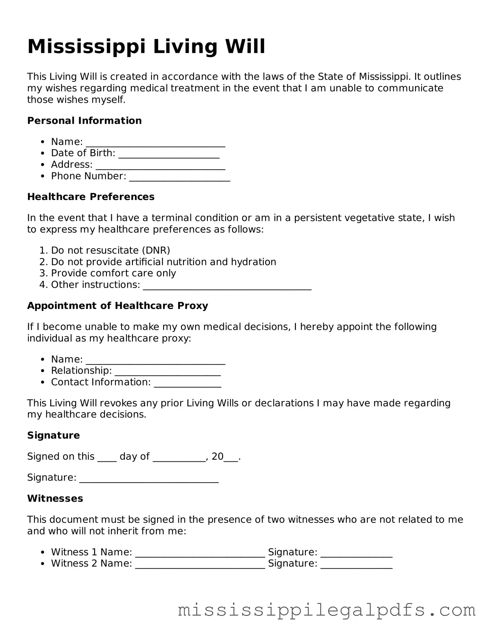 Official Living Will Template for Mississippi State