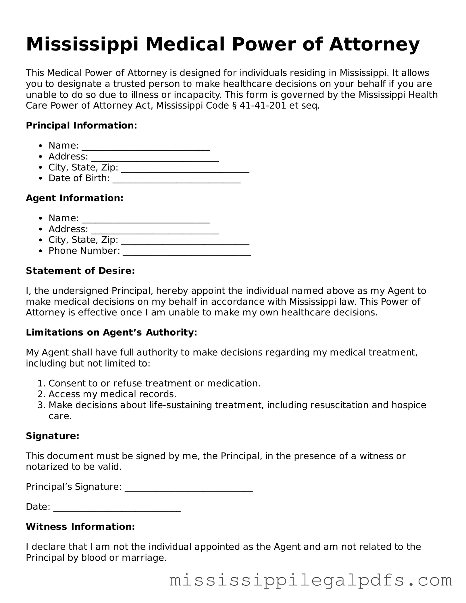 Official Medical Power of Attorney Template for Mississippi State
