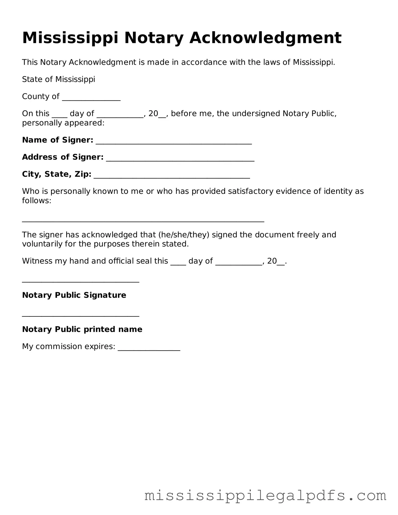 Official Notary Acknowledgement Template for Mississippi State