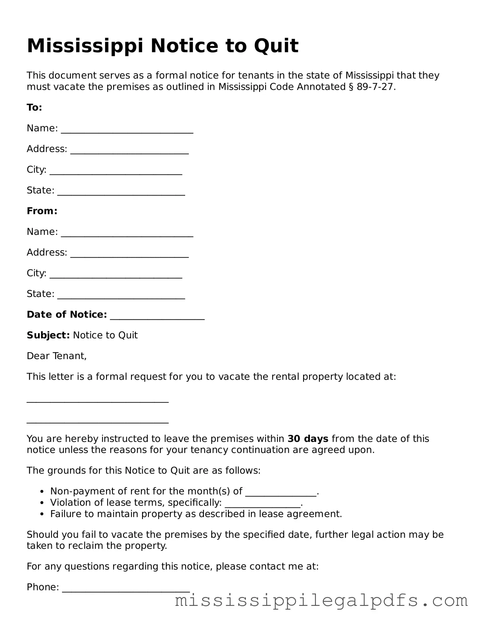 Official Notice to Quit Template for Mississippi State