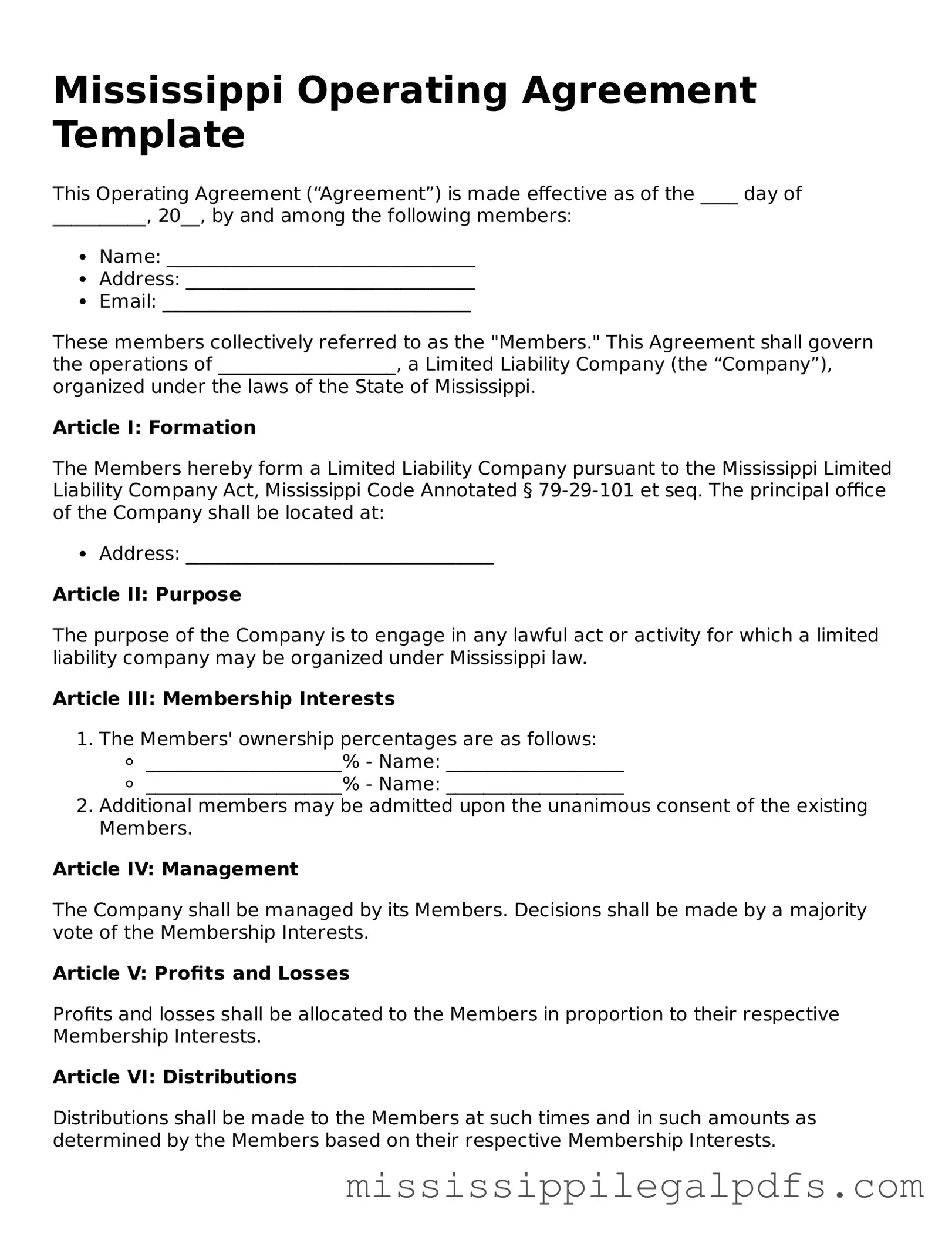 Official Operating Agreement Template for Mississippi State