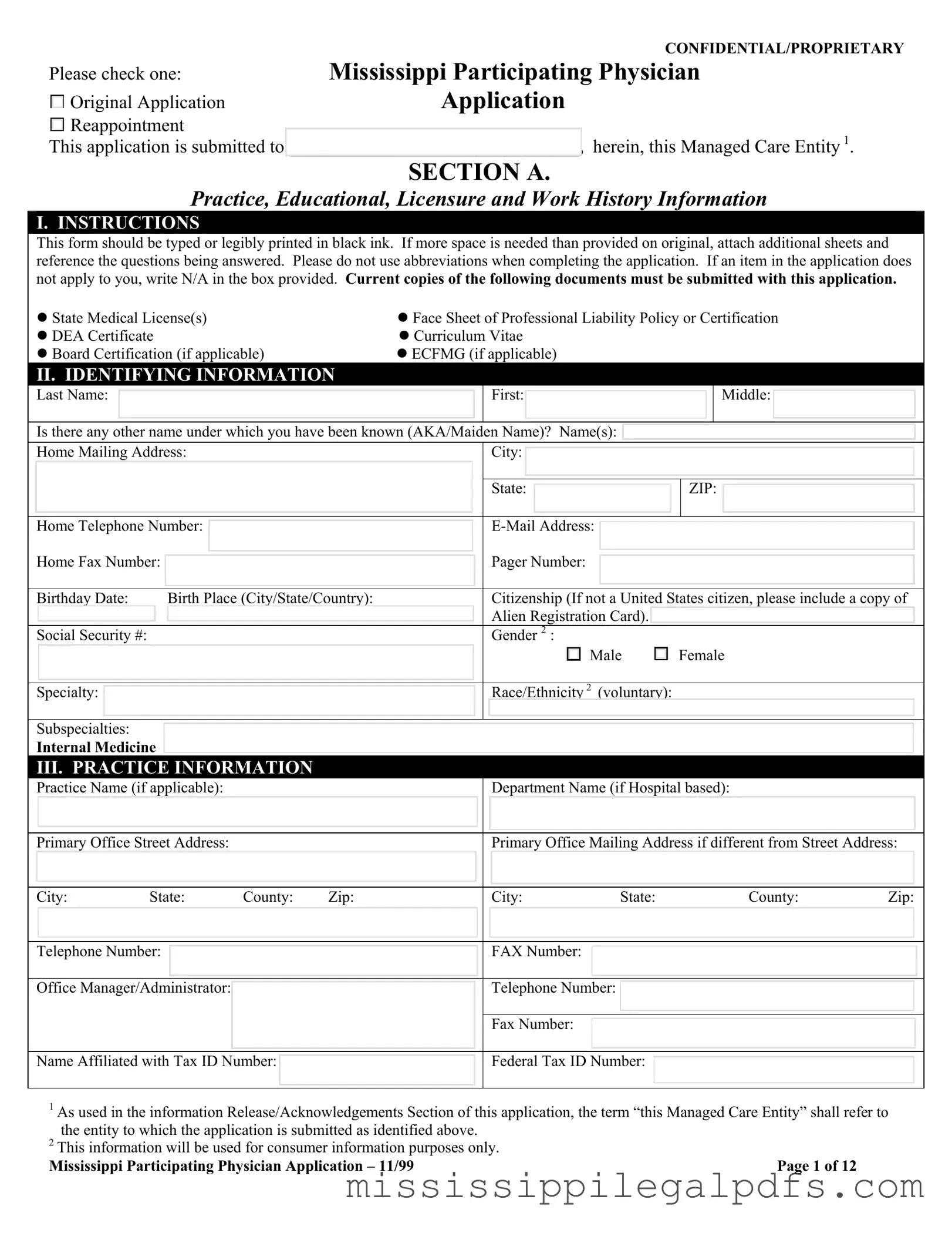 Blank Mississippi Participating Application Form
