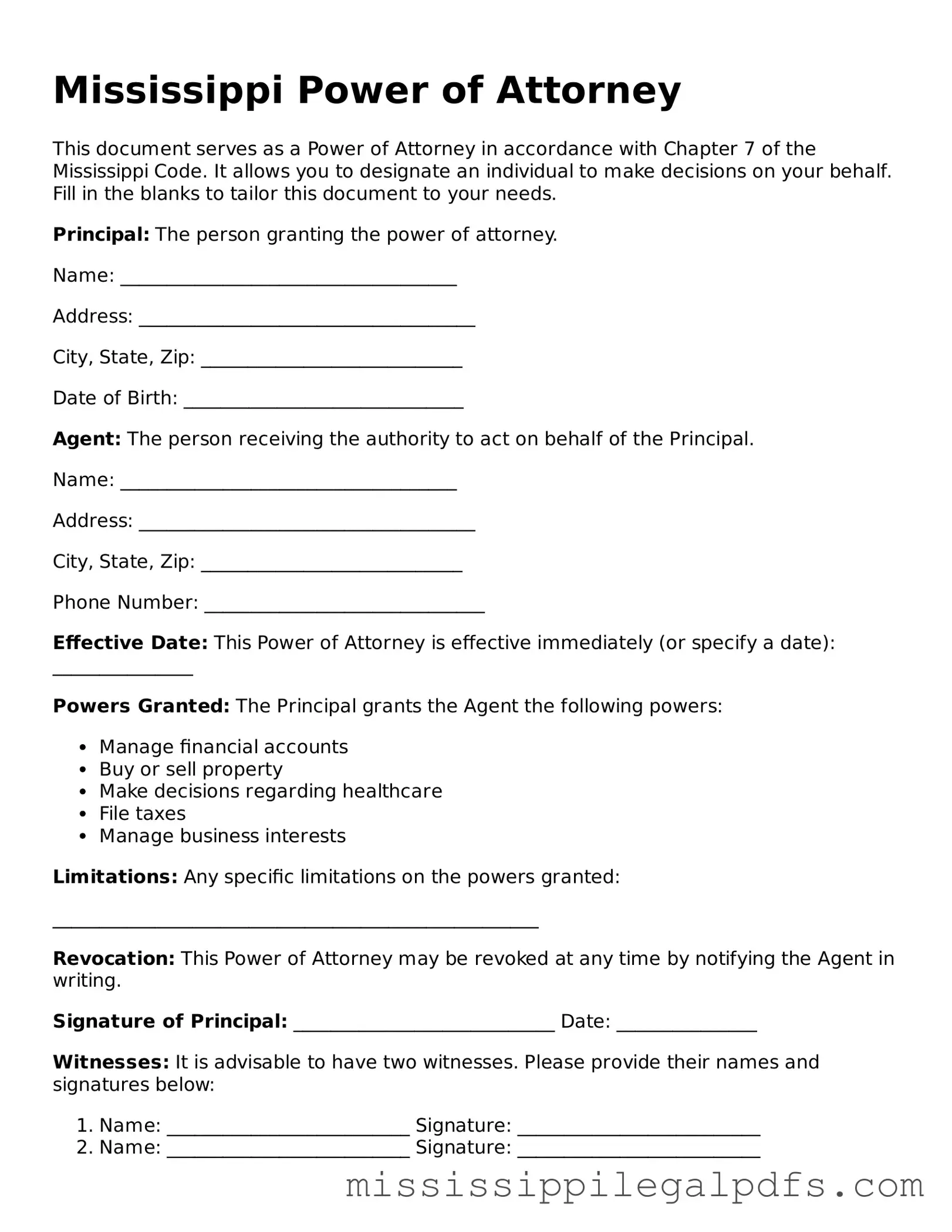 Official Power of Attorney Template for Mississippi State