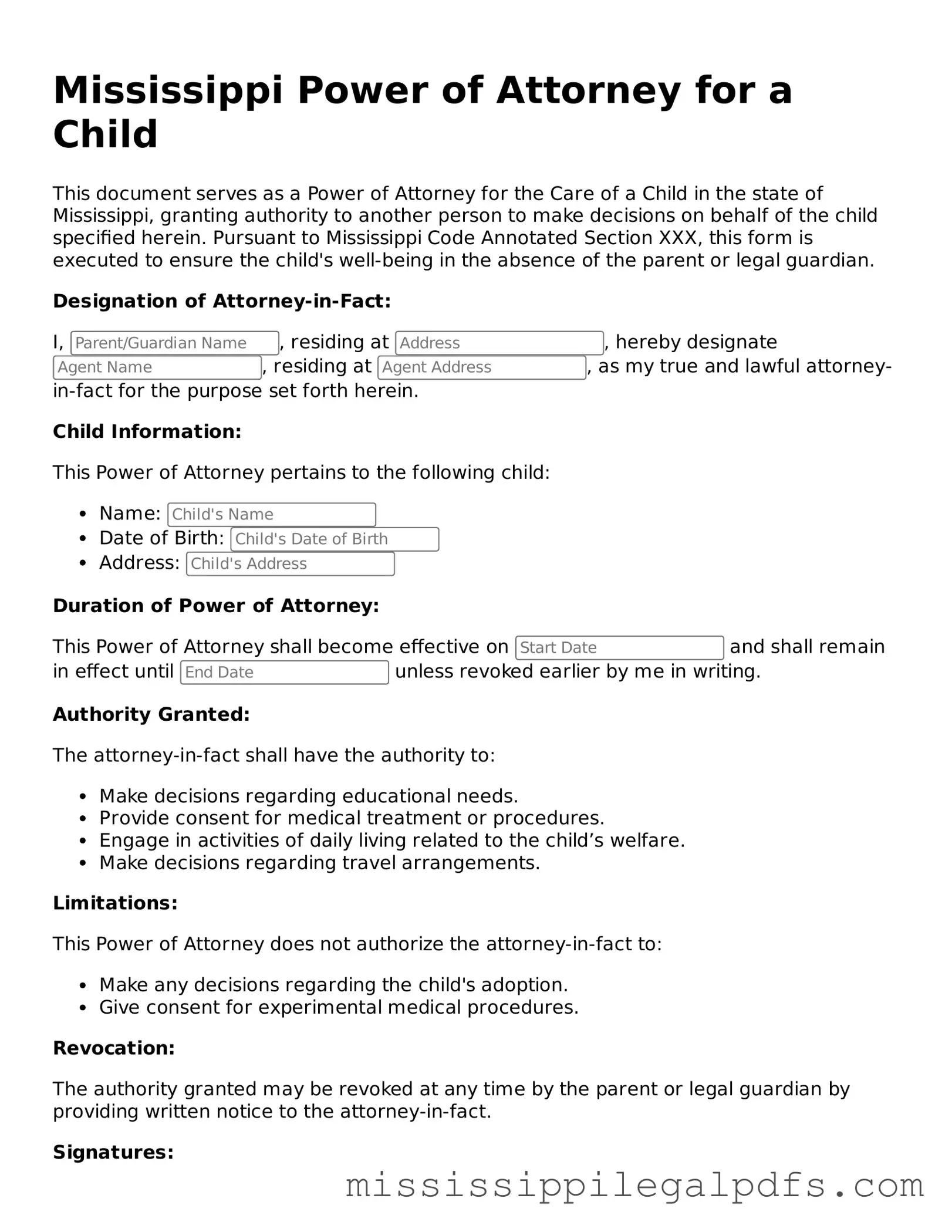 Official Power of Attorney for a Child Template for Mississippi State