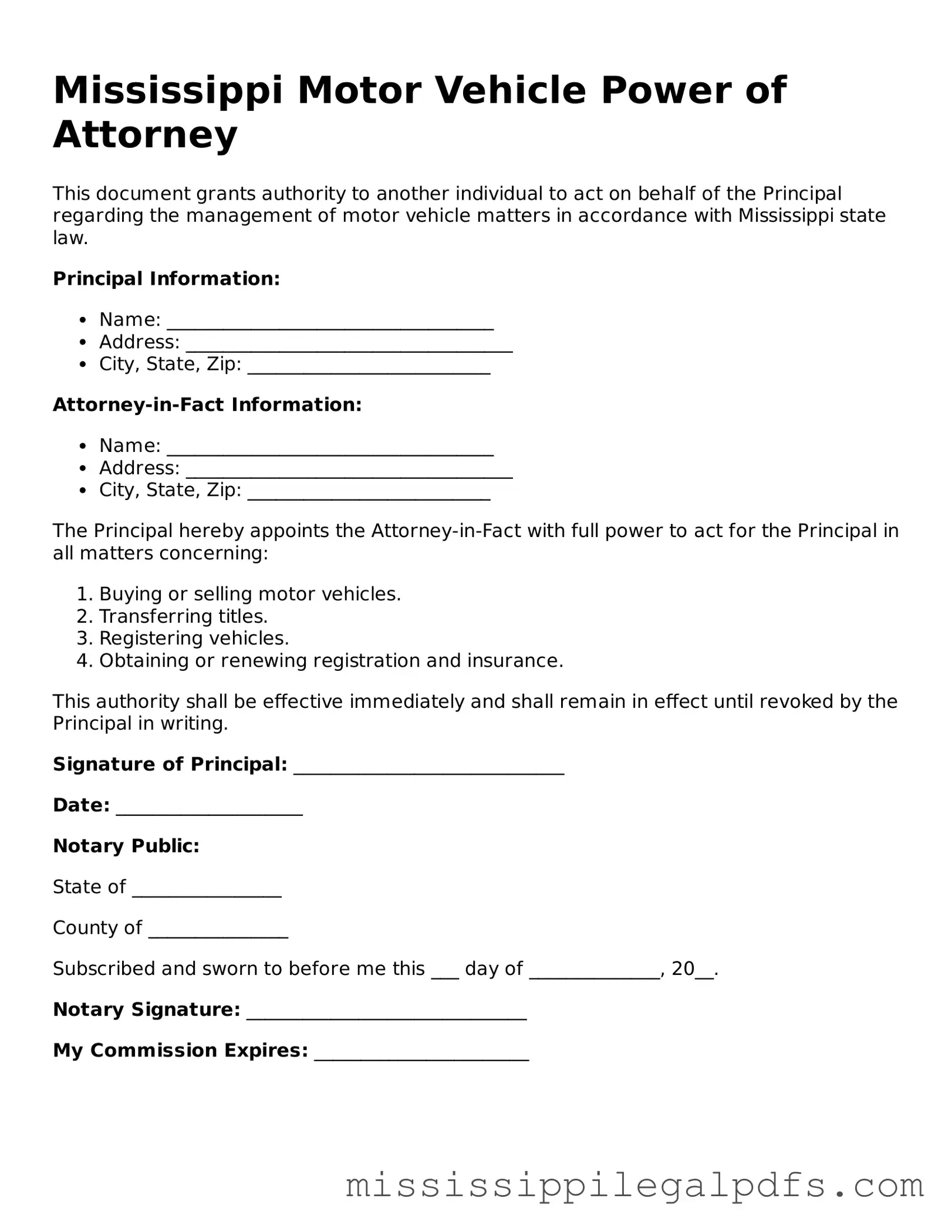 Official Motor Vehicle Power of Attorney Template for Mississippi State