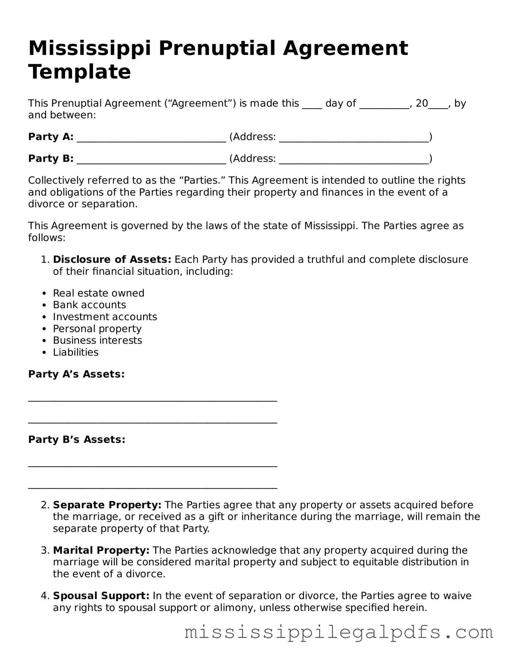 Official Prenuptial Agreement Template for Mississippi State