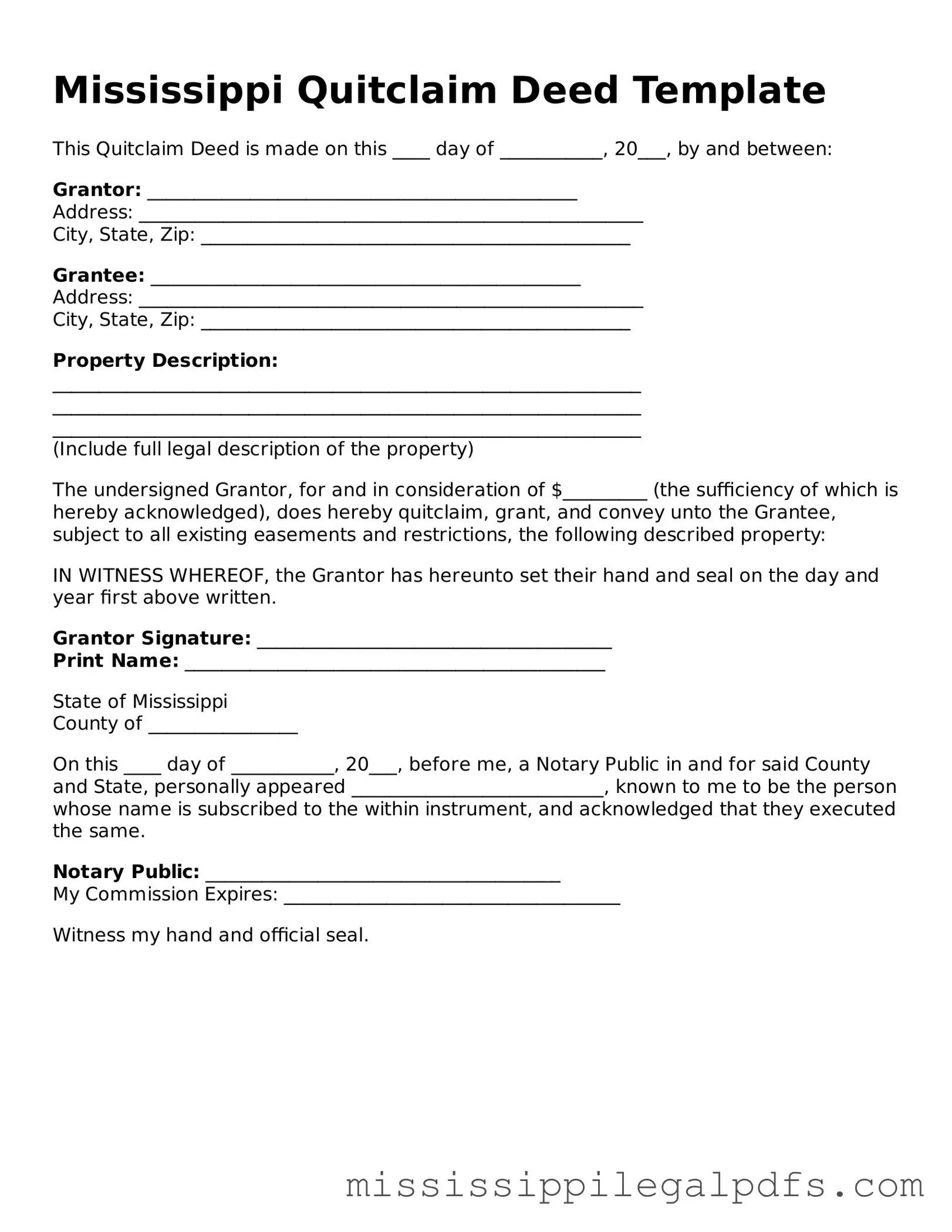 Official Quitclaim Deed Template for Mississippi State