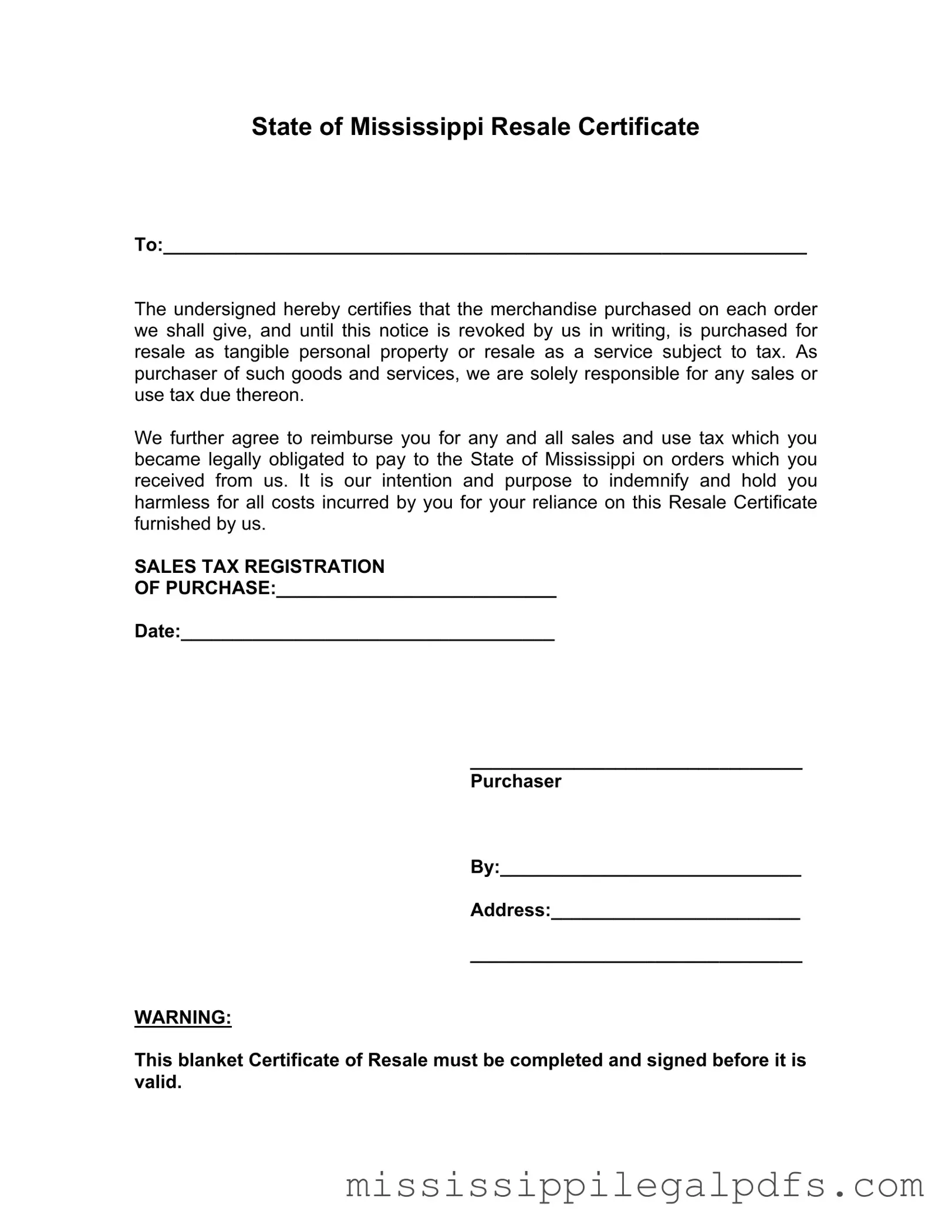 Blank Mississippi Resale Certificate Form