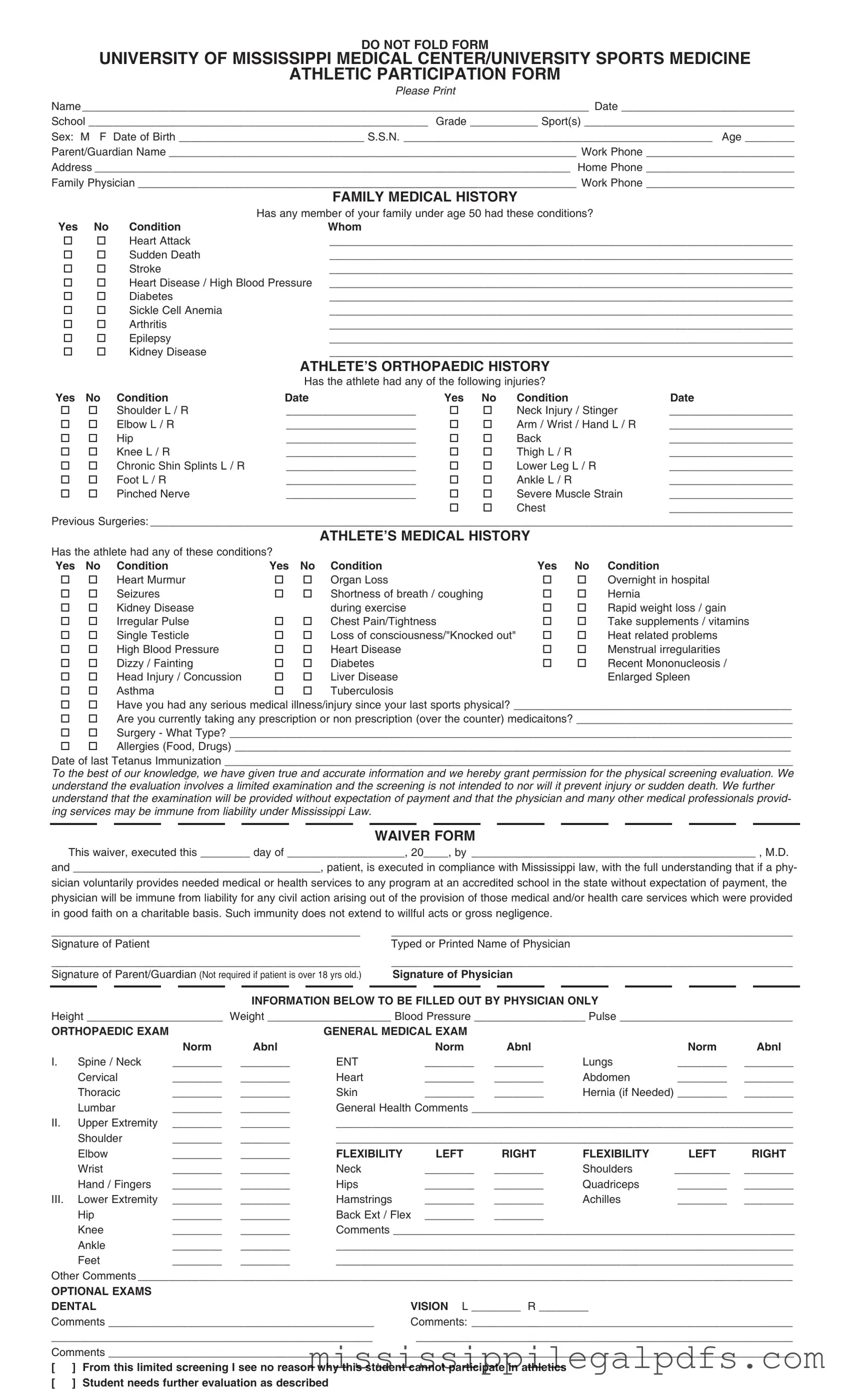 Blank Mississippi Sports Medicine Athletics Physical Form