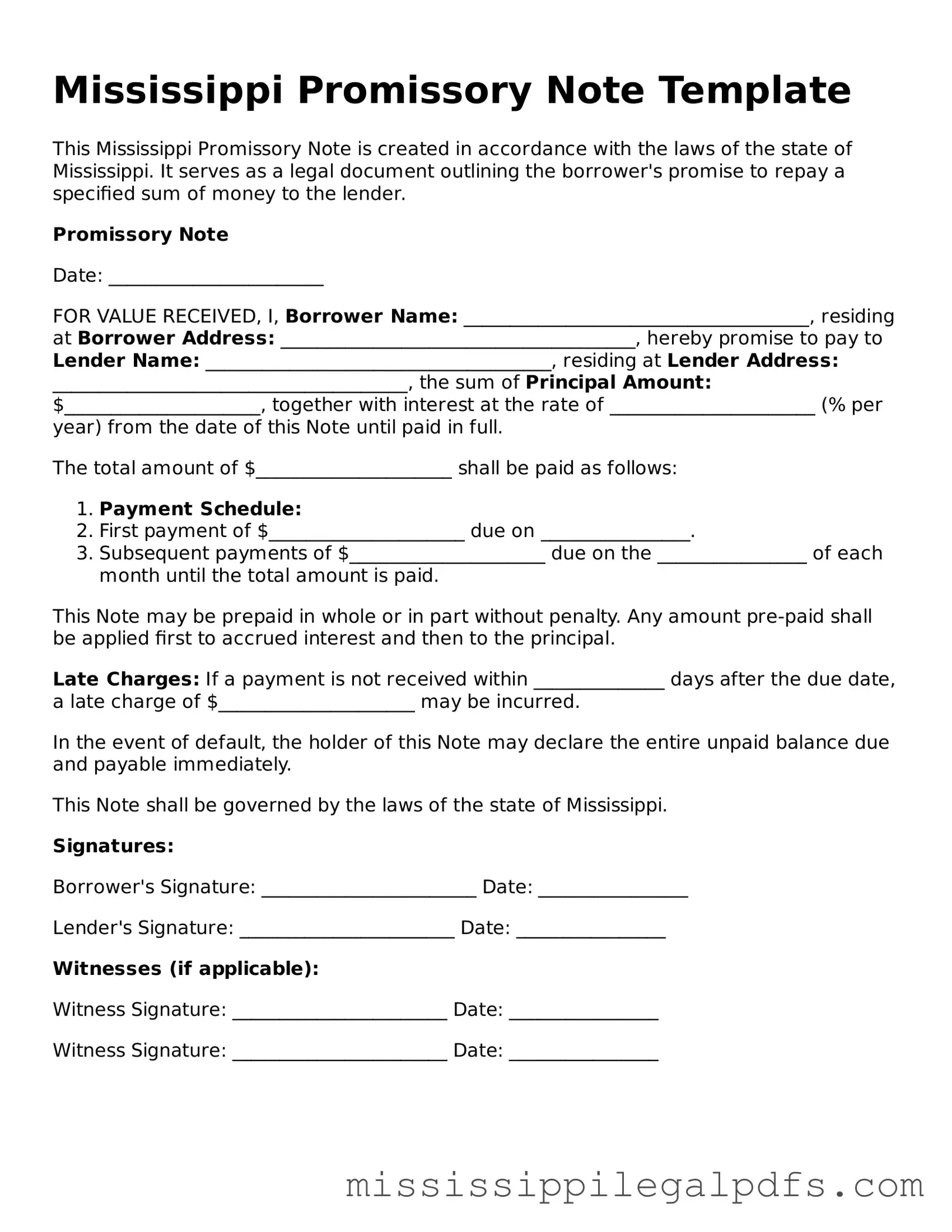 Official Promissory Note Template for Mississippi State