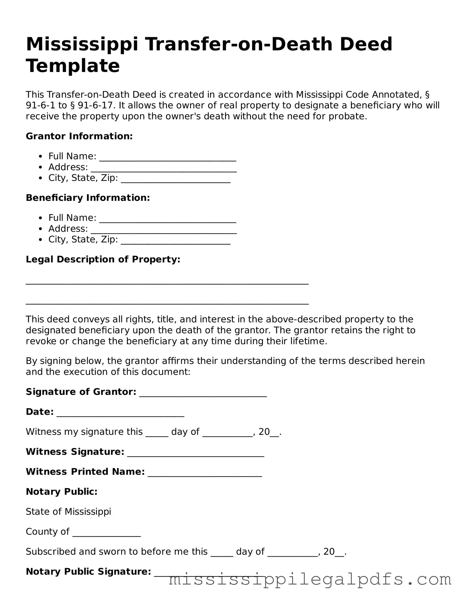 Official Transfer-on-Death Deed Template for Mississippi State