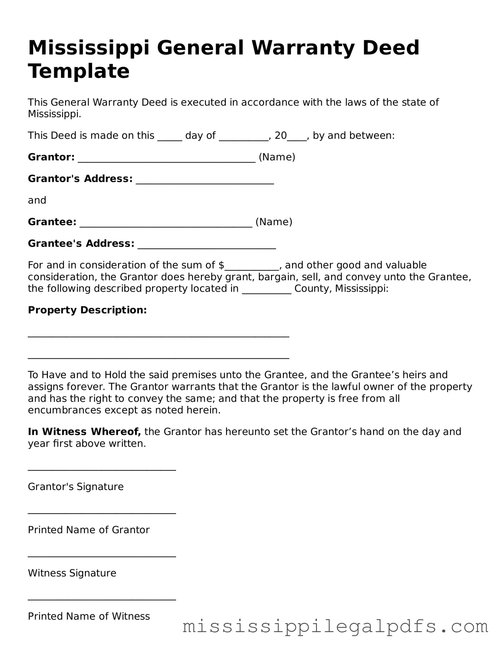 Official Deed Template for Mississippi State