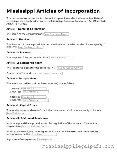 Official Articles of Incorporation Template for Mississippi State