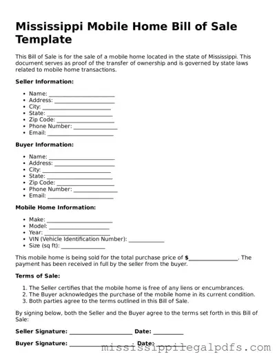 Official Mobile Home Bill of Sale Template for Mississippi State
