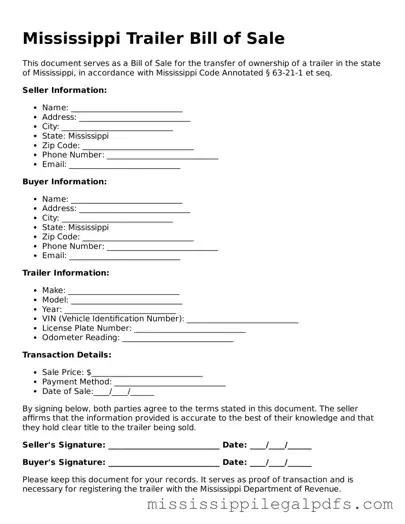 Official Trailer Bill of Sale Template for Mississippi State