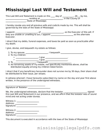 Official Last Will and Testament Template for Mississippi State