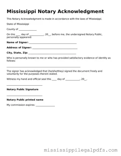 Official Notary Acknowledgement Template for Mississippi State