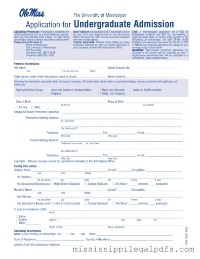 Blank Undergraduate Admission Application Form