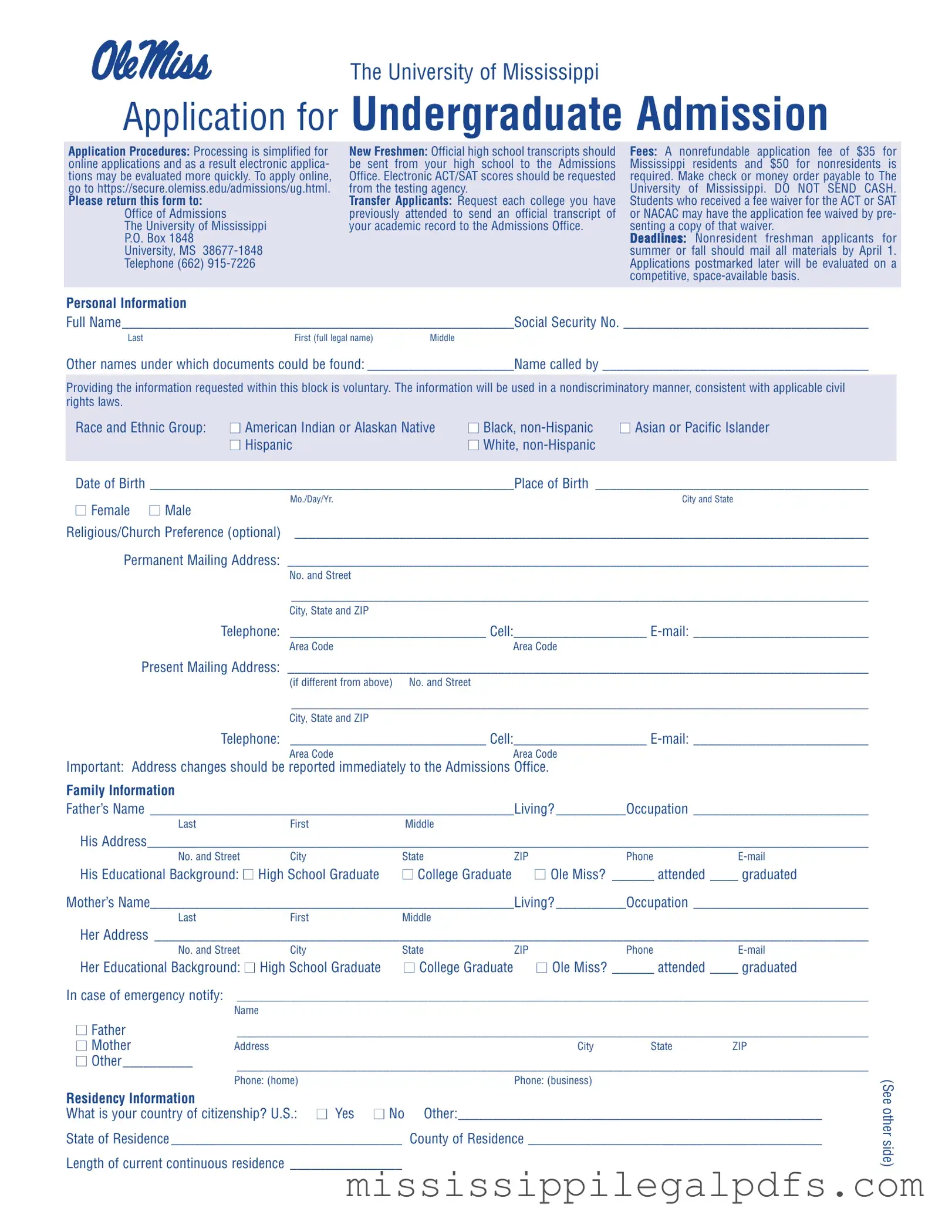 Blank Undergraduate Admission Application Form